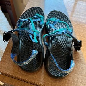 Teal and blue chacos